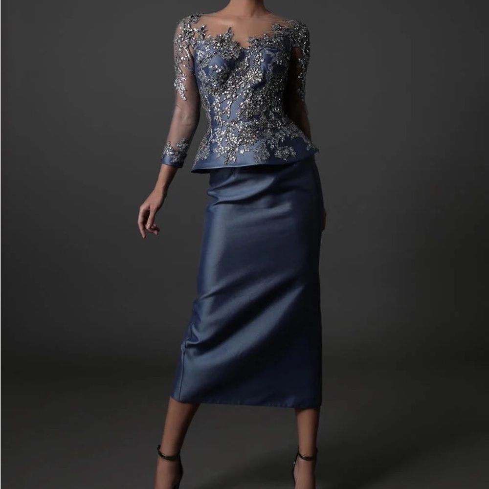 Tarik Ediz Blue Embellished Skirt Set